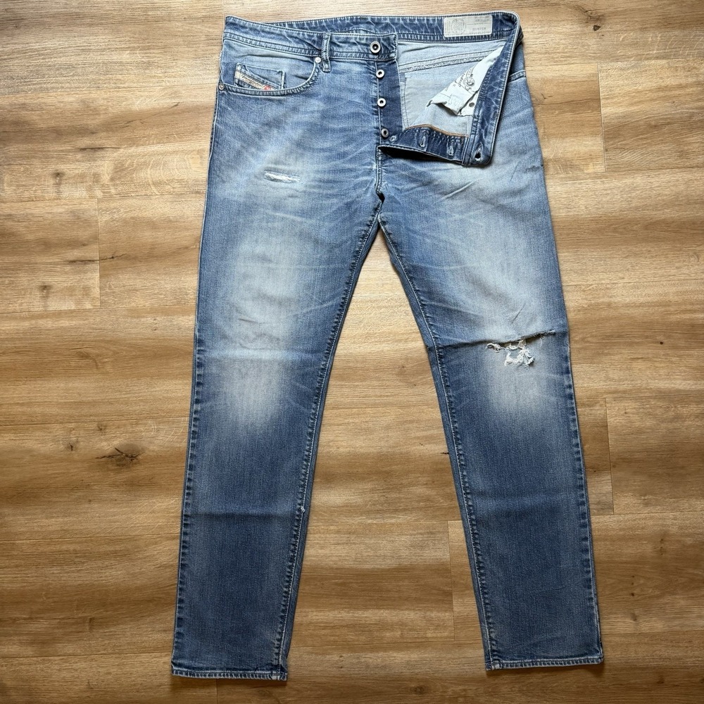 Diesel Buster Jeans Men 36x32 Blue Slim Tapered Stretch Thrashed Rockstar 0849A